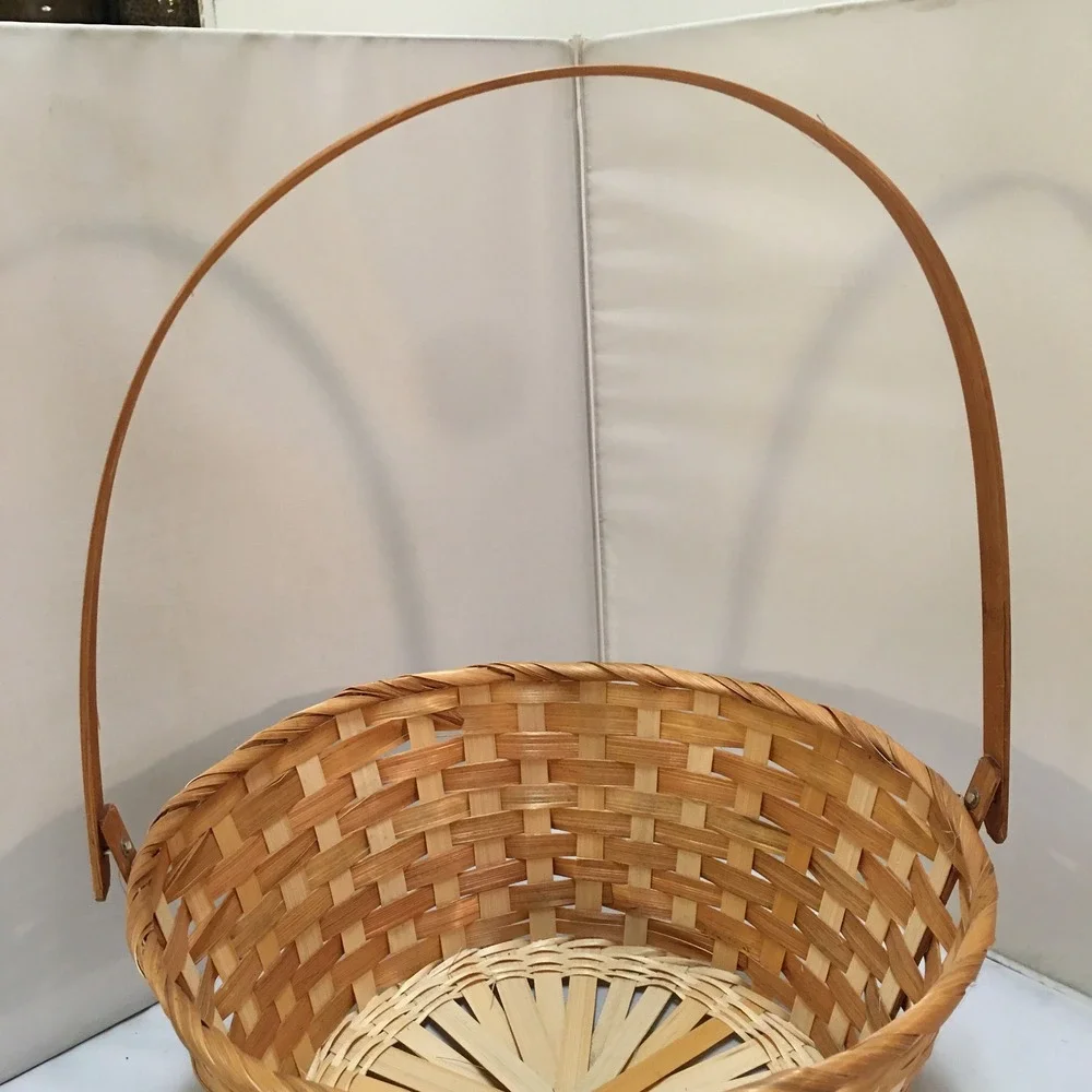 Woven Wood Splint Basket 11 Inch Natural Tan Round Tall Swing Handle Cottagecore